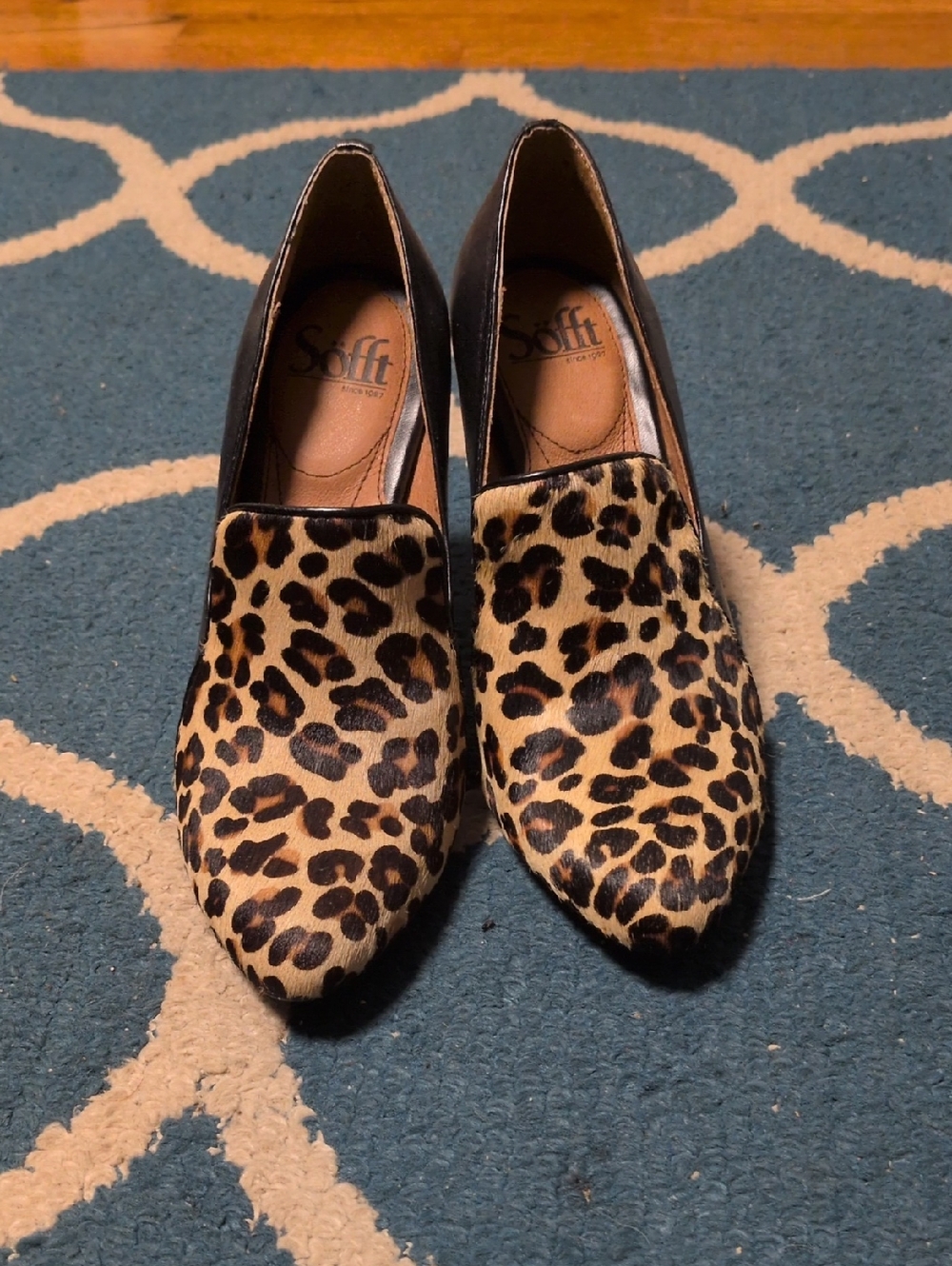 Sofft Leopard Haircalf Pointed Toe Heel in Black and Tan